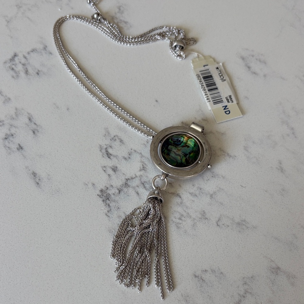 Lucky Brand Silver-Tone Necklace with Green Abalone Center and Tassel